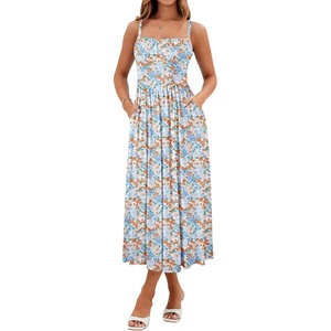 Sureple Long Dresses for Women 2026 Sleeveless Ruched Bust Swing Aline Fitted Spaghetti Strap Sundress with Pockets(B-pink B Floral 01)