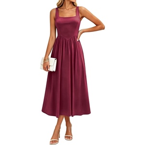 Sureple Midi Dresses for Women 2026 Spring Square Neck Tank Sleeveless A Line Casual Summer Sundresses with Pockets(A-burgundy)