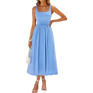 Sureple Midi Dresses for Women 2026 Spring Square Neck Tank Sleeveless A Line Casual Summer Sundresses with Pockets(A-gray Blue)