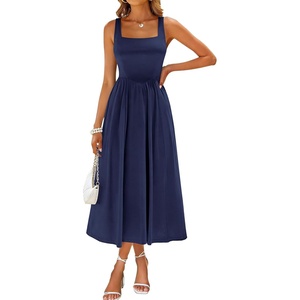 Sureple Midi Dresses for Women 2026 Spring Square Neck Tank Sleeveless A Line Casual Summer Sundresses with Pockets(A-navy Blue)