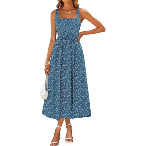 Sureple Midi Dresses for Women 2026 Spring Square Neck Tank Sleeveless A Line Casual Summer Sundresses with Pockets(B-blue White F 05)