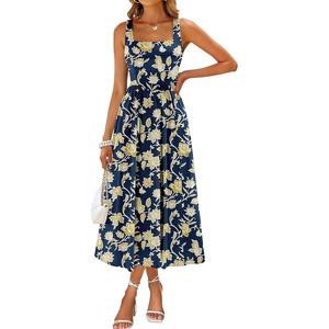 Sureple Midi Dresses for Women 2026 Spring Square Neck Tank Sleeveless A Line Casual Summer Sundresses with Pockets(B-navy Floral 12)