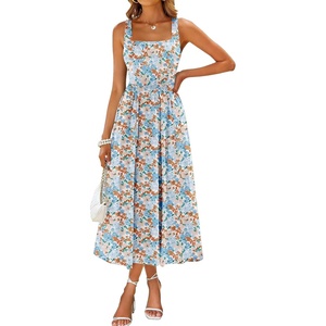 Sureple Midi Dresses for Women 2026 Spring Square Neck Tank Sleeveless A Line Casual Summer Sundresses with Pockets(B-pink B Floral 01)