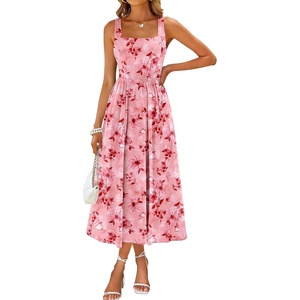 Sureple Midi Dresses for Women 2026 Spring Square Neck Tank Sleeveless A Line Casual Summer Sundresses with Pockets(B-pink Red F 01)