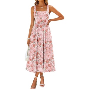 Sureple Midi Dresses for Women 2026 Spring Square Neck Tank Sleeveless A Line Casual Summer Sundresses with Pockets(B-pink W Floral 04)