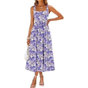 Sureple Midi Dresses for Women 2026 Spring Square Neck Tank Sleeveless A Line Casual Summer Sundresses with Pockets(B-purple Floral 05)