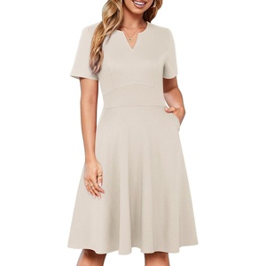 Sureple Semi Formal Dresses for Women Wedding Guest Summer V Neck Short Sleeve Fit and Flare Knee Length Dress with Pockets(A-apricot)
