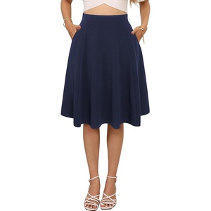 Sureple Skirts for Women Knee Length for Work Fall Elastic High Waist A-Line Flare Skirt Ruffle Hem with Pockets(A-navy)