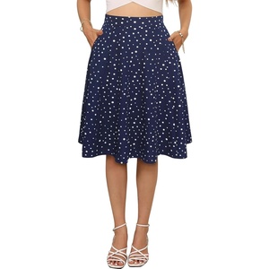 Sureple Skirts for Women Knee Length for Work Fall Elastic High Waist A-Line Flare Skirt Ruffle Hem with Pockets(B-b-navy White Dot)