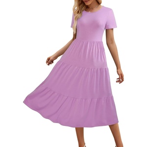 Sureple Spring Round Neck T Shirt Dress for Women Short Sleeve Midi Length,Swing Tiered Bobydoll Dresses with Pockets(A-lavender)