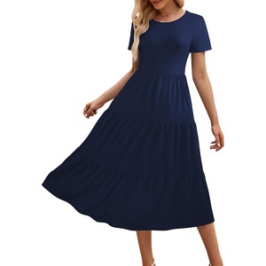 Sureple Spring Round Neck T Shirt Dress for Women Short Sleeve Midi Length,Swing Tiered Bobydoll Dresses with Pockets(A-navy)