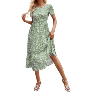 Sureple Spring Round Neck T Shirt Dress for Women Short Sleeve Midi Length,Swing Tiered Bobydoll Dresses with Pockets(B-light Gre Flo)