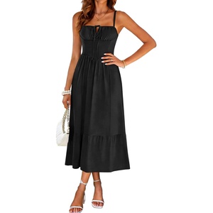 Sureple Sundresses for Women Maxi Tied Neck Spaghetti Straps Pleated Ruffles Casual Summer Midi Dress with Pockets(A-black)