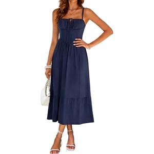 Sureple Sundresses for Women Maxi Tied Neck Spaghetti Straps Pleated Ruffles Casual Summer Midi Dress with Pockets(A-navy)