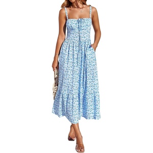 Sureple Sundresses for Women Maxi Tied Neck Spaghetti Straps Pleated Ruffles Casual Summer Midi Dress with Pockets(B-blue White F 09)