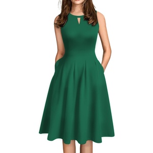 Sureple Women’s Retro Sleeveless Swing Casual Work Summer Party Dress with Pockets(A-dark Green)