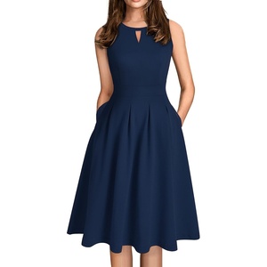 Sureple Women’s Retro Sleeveless Swing Casual Work Summer Party Dress with Pockets(A-navy)
