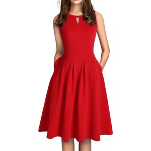 Sureple Women’s Retro Sleeveless Swing Casual Work Summer Party Dress with Pockets(A-red)