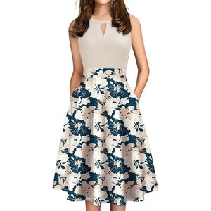Sureple Women’s Retro Sleeveless Swing Casual Work Summer Party Dress with Pockets(B-beige White F P4)