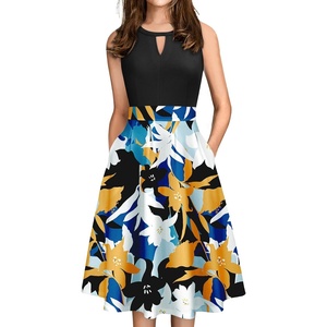 Sureple Women’s Retro Sleeveless Swing Casual Work Summer Party Dress with Pockets(B-black Floral P7)