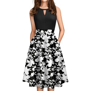 Sureple Women’s Retro Sleeveless Swing Casual Work Summer Party Dress with Pockets(B-black Floral P8)
