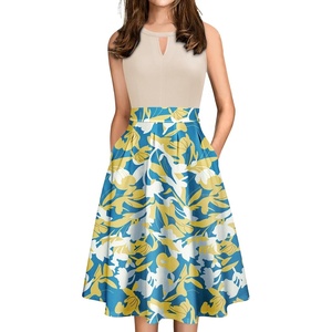 Sureple Women’s Retro Sleeveless Swing Casual Work Summer Party Dress with Pockets(B-blue White P)