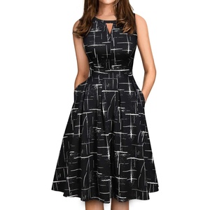 Sureple Women’s Retro Sleeveless Swing Casual Work Summer Party Dress with Pockets(Black W Stripe)