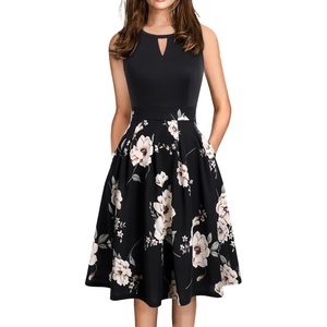Sureple Women’s Retro Sleeveless Swing Casual Work Summer Party Dress with Pockets(P-black Khaki 02)
