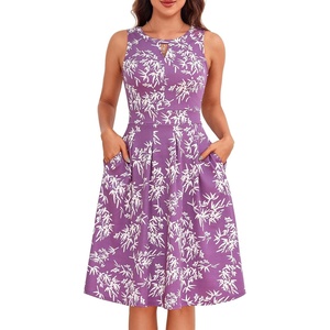 Sureple Women’s Retro Sleeveless Swing Casual Work Summer Party Dress with Pockets(Purple Leaf)