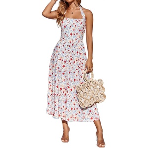 Sureple Women’s Summer Halter Midi Dress with Pockets Sleeveless Drop Waist Swing Aline Flowy Beach Sun Dresses(B-blue Red F 01)