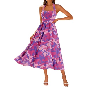 Sureple Women’s Summer Halter Midi Dress with Pockets Sleeveless Drop Waist Swing Aline Flowy Beach Sun Dresses(B-blue Red F 02)