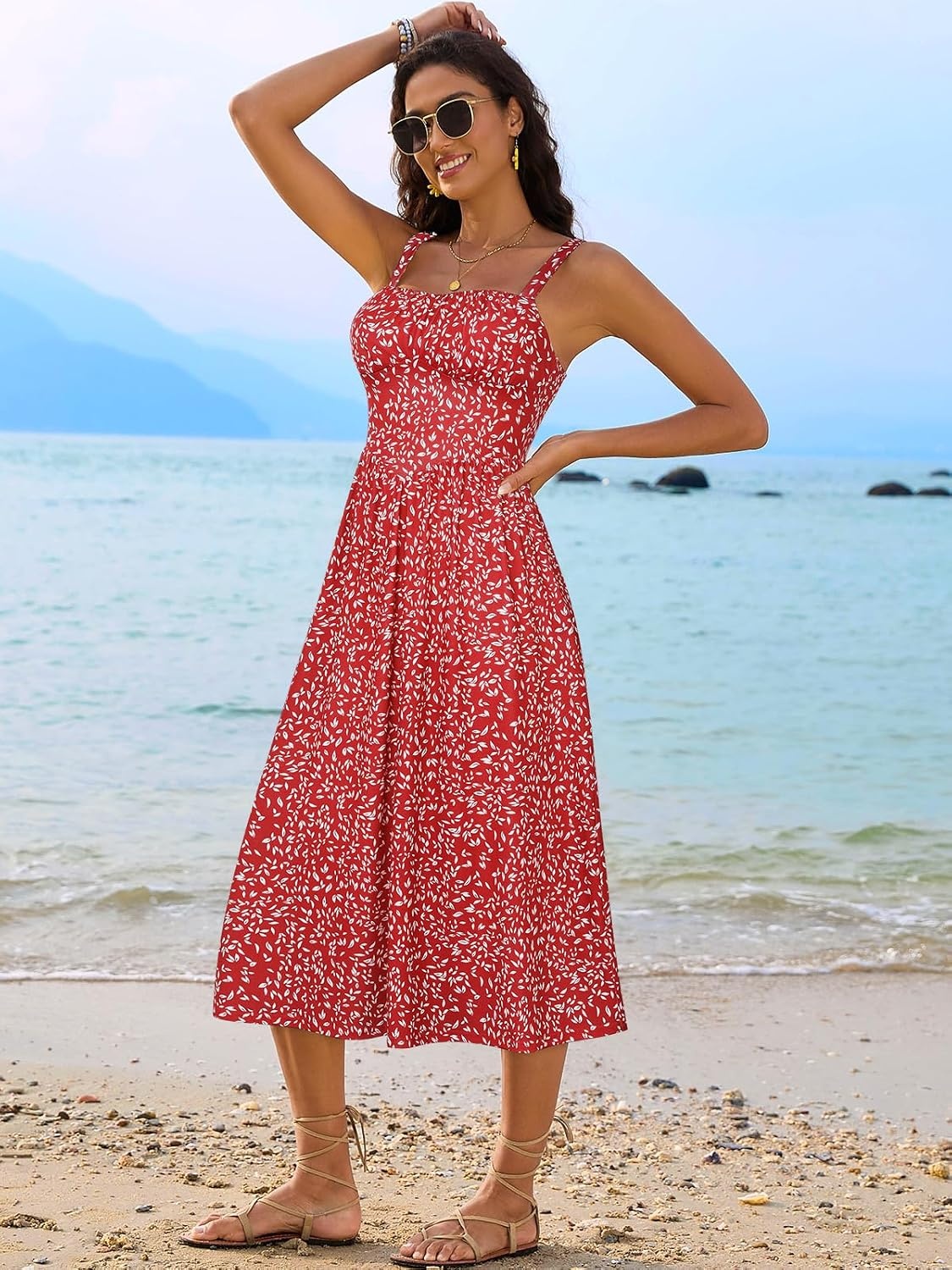image:imageSureple Long Dresses for Women 2026 Sleeveless Ruched Bust Swing Aline Fitted Spaghetti Strap Sundress with PocketsBred White F 01