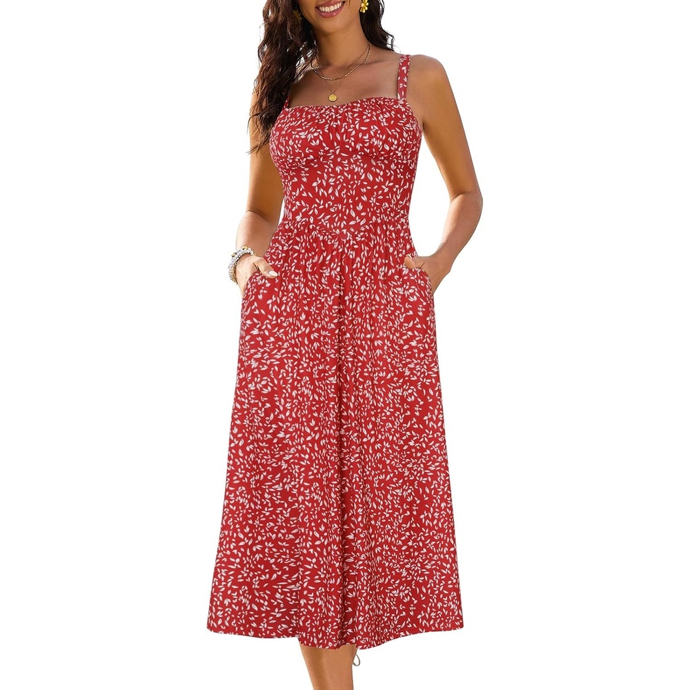 image:imageSureple Long Dresses for Women 2026 Sleeveless Ruched Bust Swing Aline Fitted Spaghetti Strap Sundress with PocketsBred White F 01