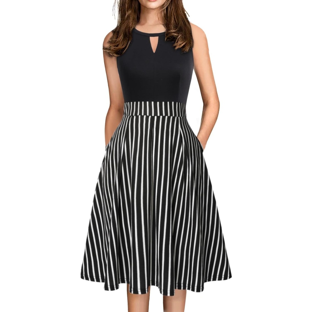 image:imageSureple Womens Retro Sleeveless Swing Casual Work Summer Party Dress with PocketsPwhite Striped