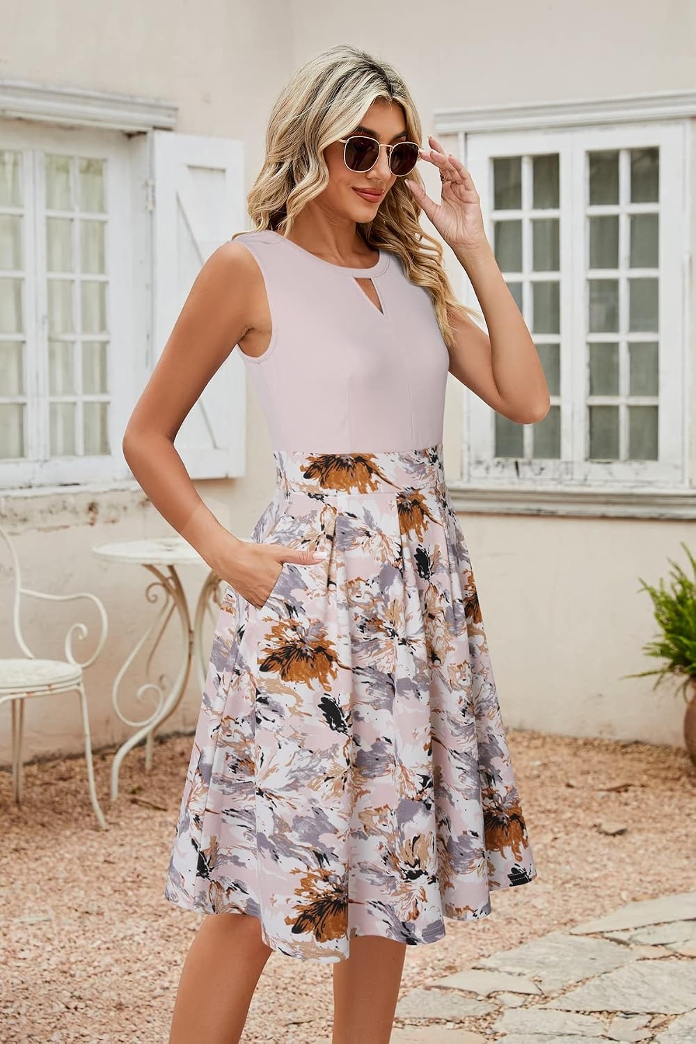 image:imageSureple Womens Retro Sleeveless Swing Casual Work Summer Party Dress with PocketsPbeige White F 02